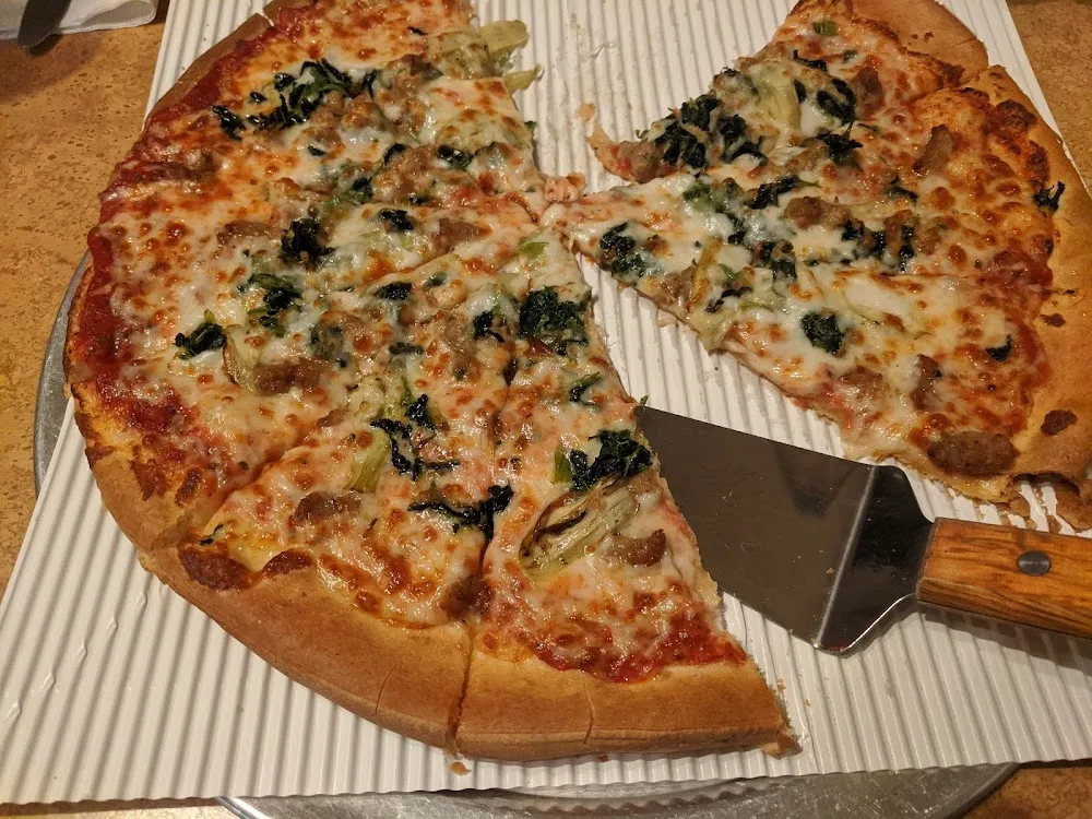 Thin Crust Sausage Artichoke Hearts and Spinach